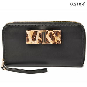 Chloe Bow Leather Long Wallet Zipper Black